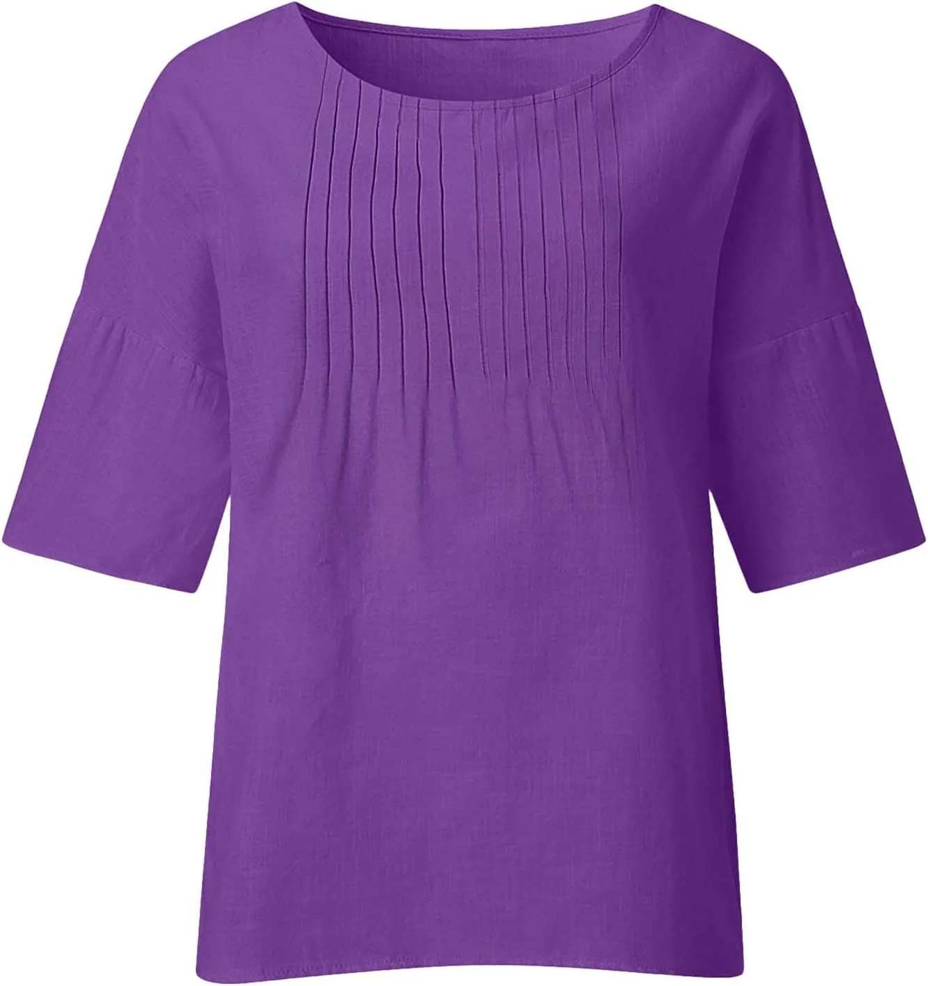 Womens Linen Shirts and Blouses 3/4 Length Sleeve Lace Embroidery Tunic Short Sleeve Blouse Casual Loose Elegant Tops