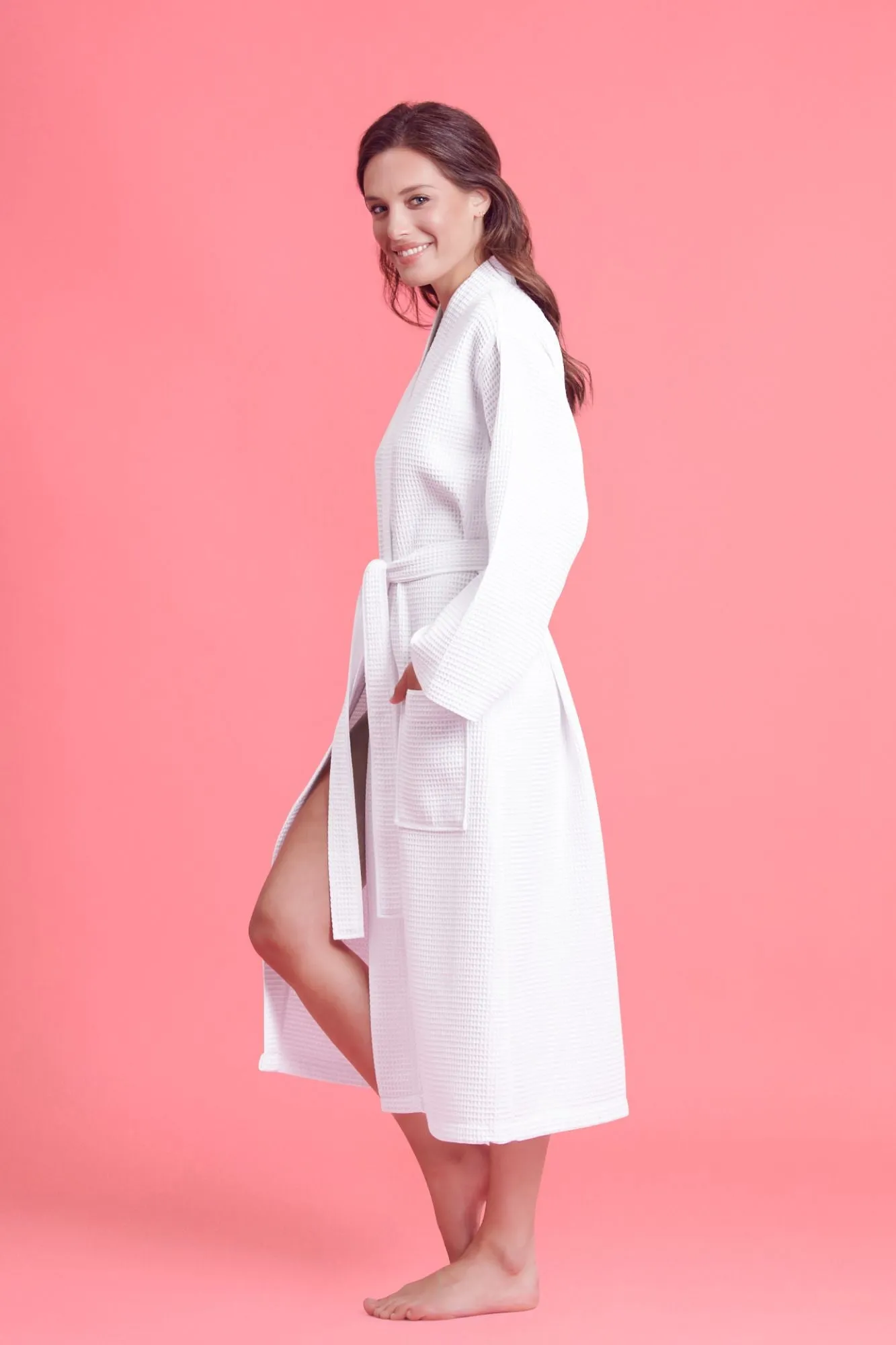 Women's Long Waffle Kimono White Robe