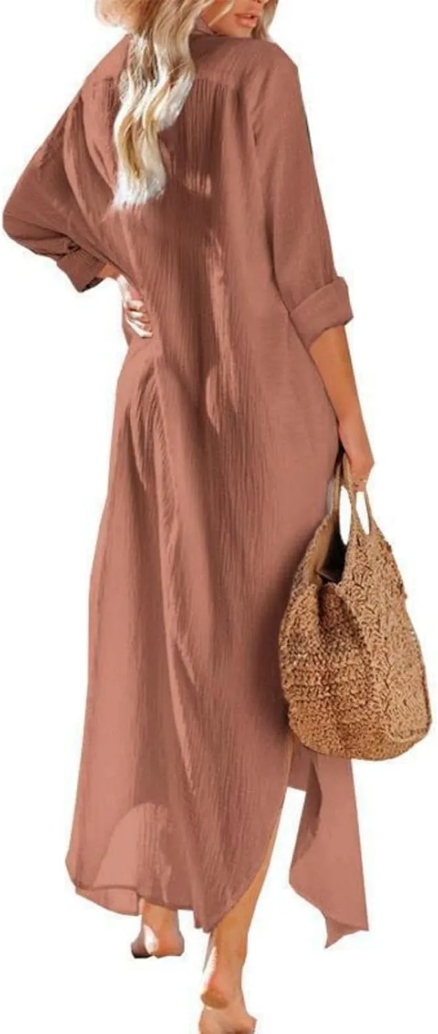 Womens Maxi Dress Summer Button Front Maxi Shirt Dress Casual Short Sleeve Side Split Cardigan Light Beach Sundress