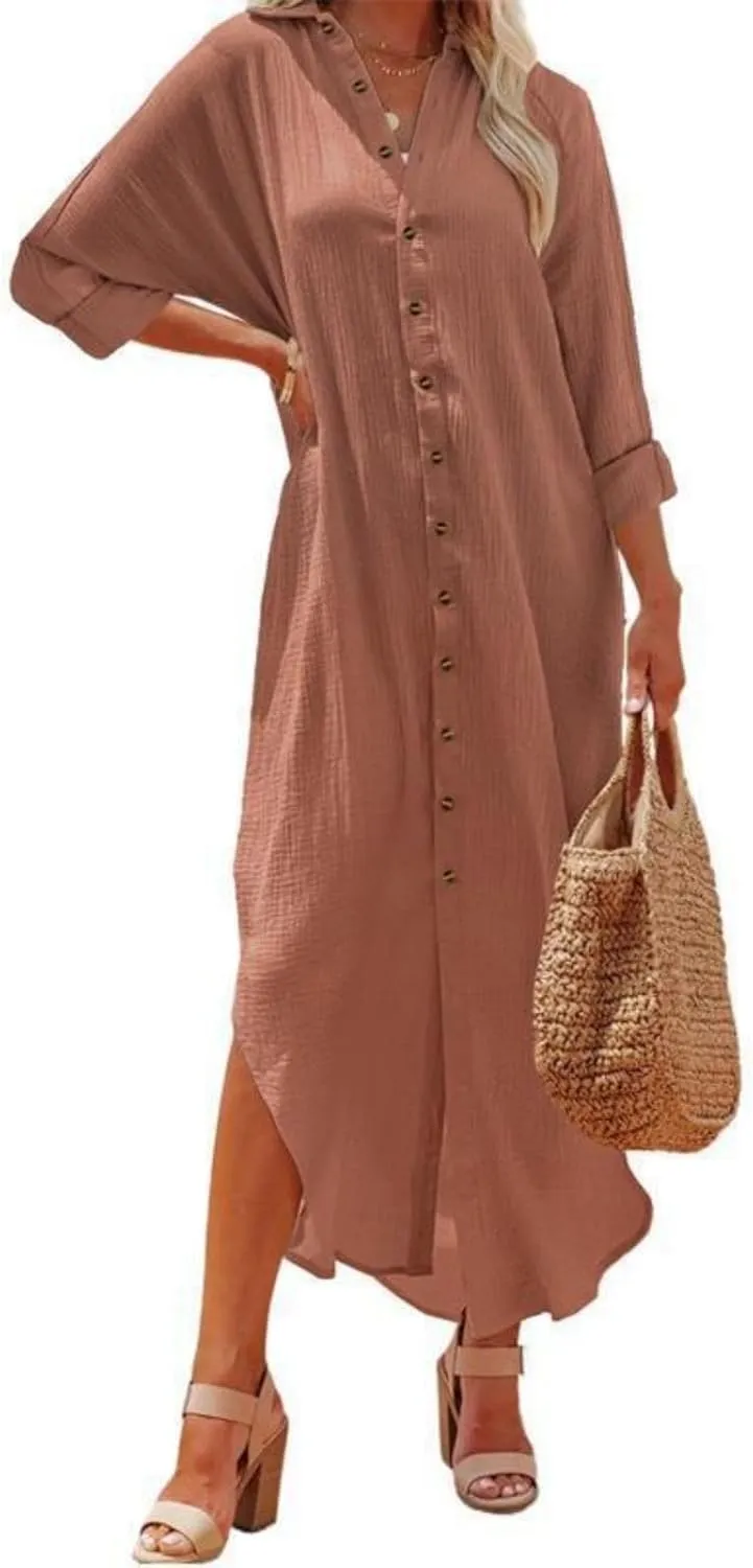 Womens Maxi Dress Summer Button Front Maxi Shirt Dress Casual Short Sleeve Side Split Cardigan Light Beach Sundress