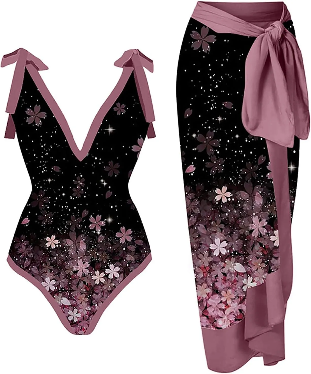 Womens One-Piece Swimsuit Print Chiffon Cover Up Beach Sarong Swimwear Beachwear Retro Wrap Maxi Skirt Bathing Suit