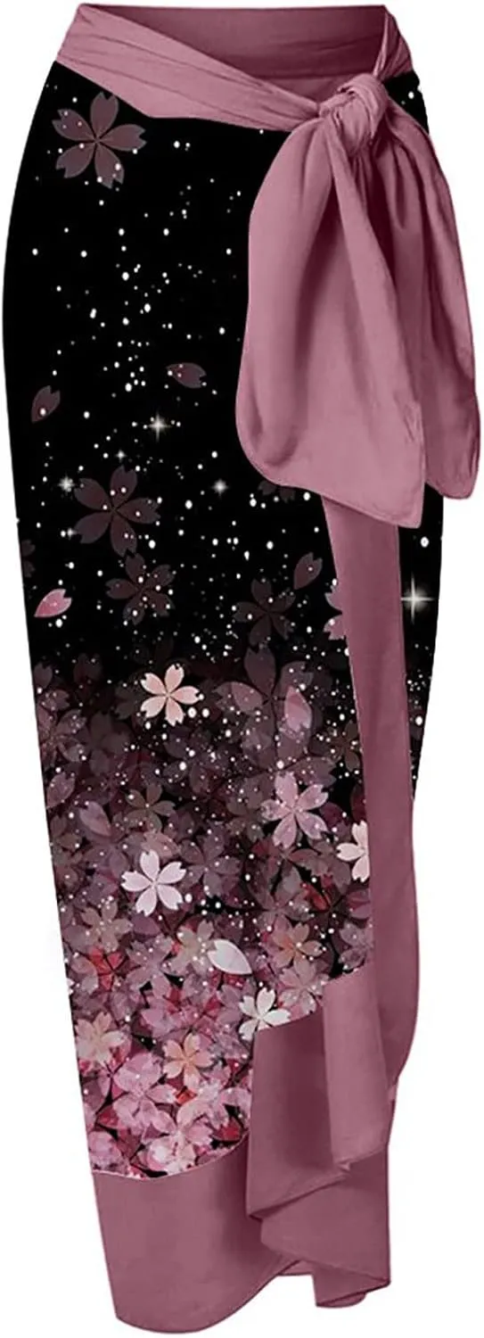 Womens One-Piece Swimsuit Print Chiffon Cover Up Beach Sarong Swimwear Beachwear Retro Wrap Maxi Skirt Bathing Suit