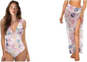 Womens One Piece Swimsuits with Sarong Coverups Ruffled Deep V Neck Bathing Suits with Bikini Cover up Beach Skirt