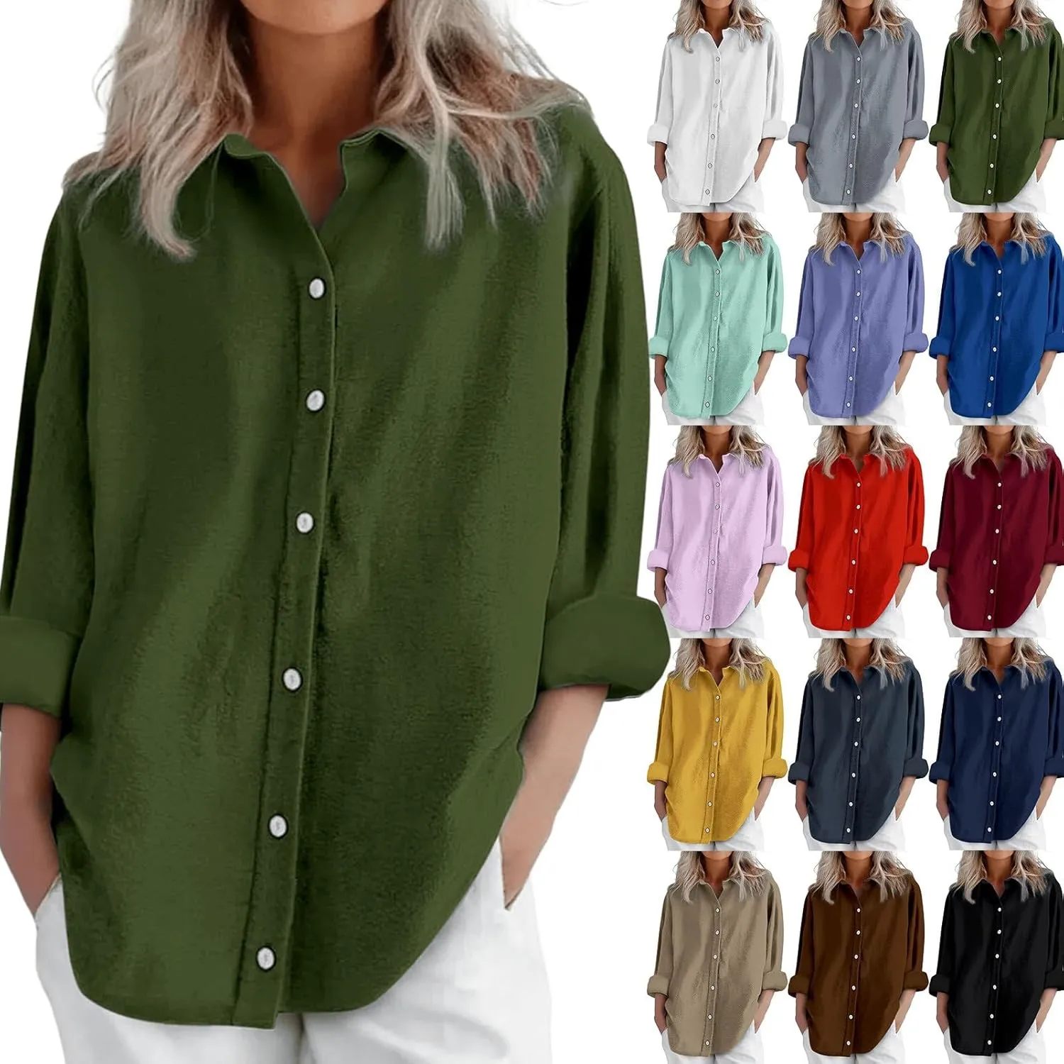 Women's Solid Collared Linen Shirts - 2025 Lightweight Summer Beach Tops, Long Sleeve Boho Button Down Casual Blouses
