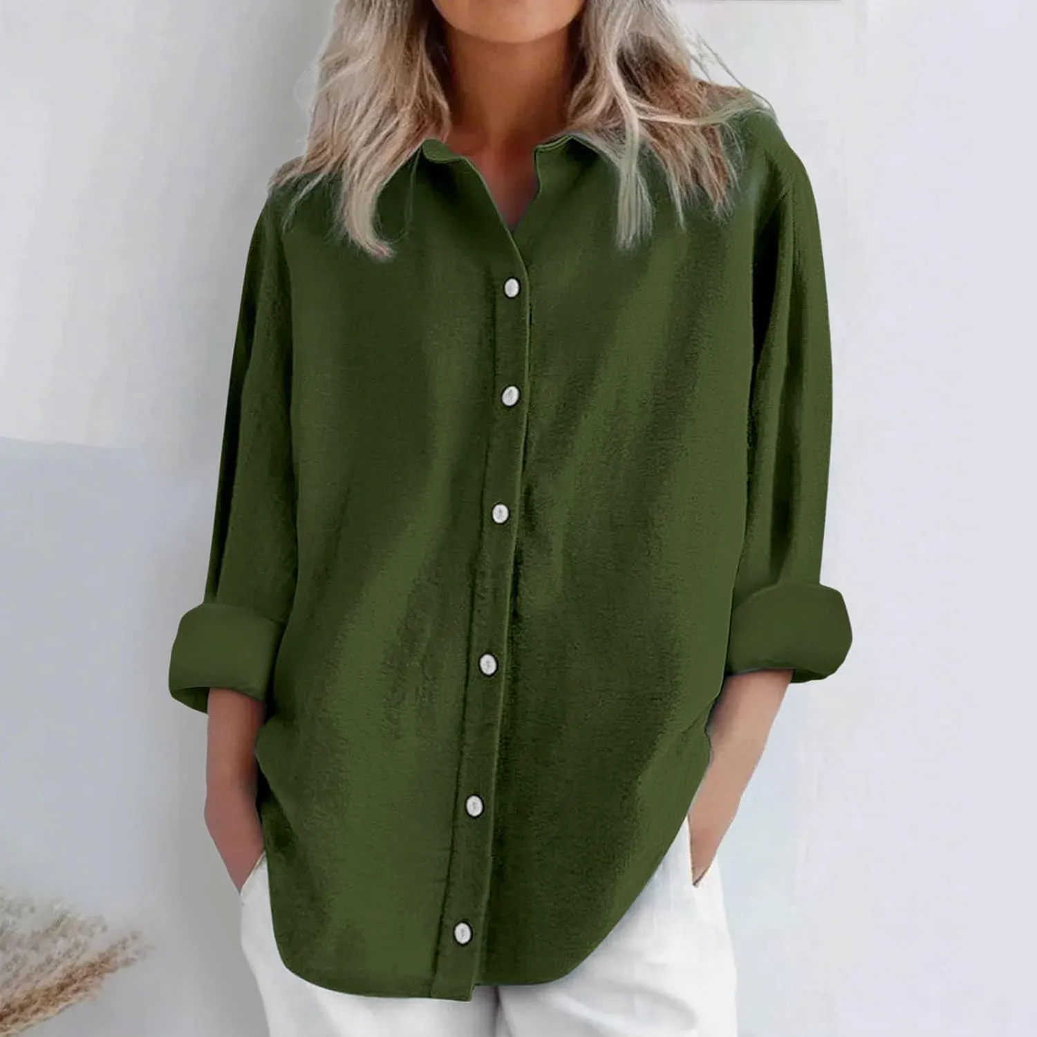 Women's Solid Collared Linen Shirts - 2025 Lightweight Summer Beach Tops, Long Sleeve Boho Button Down Casual Blouses