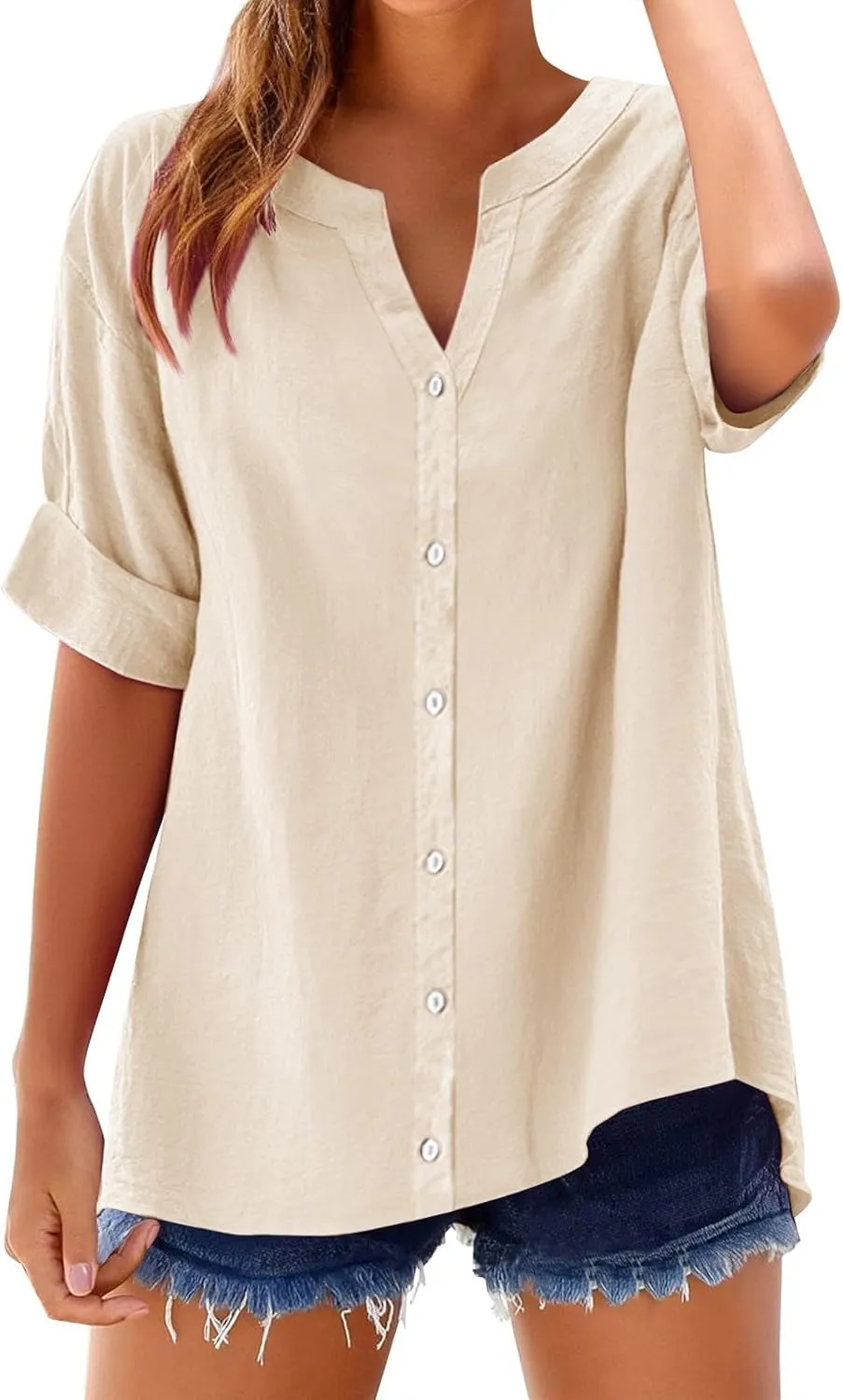 Women's Solid V-Neck Linen Shirt - 2025 Lightweight Summer Beach Top, Short Sleeve Boho Button Front Casual Blouse