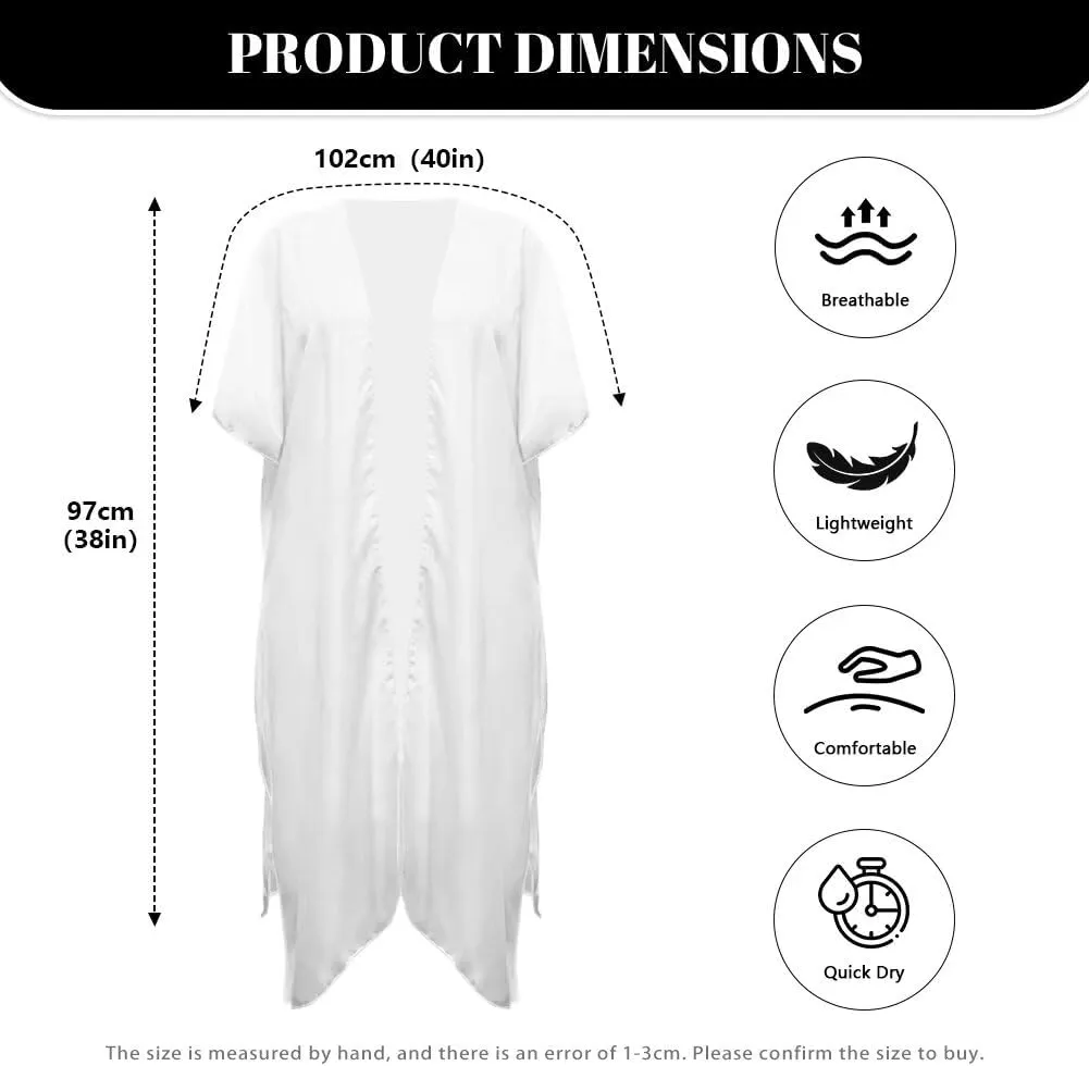 Women's Summer Beach Cover Up Chiffon Long Bikini Swimsuit Coverup Soft Sheer Cardigan Short Sleeve Beachwear