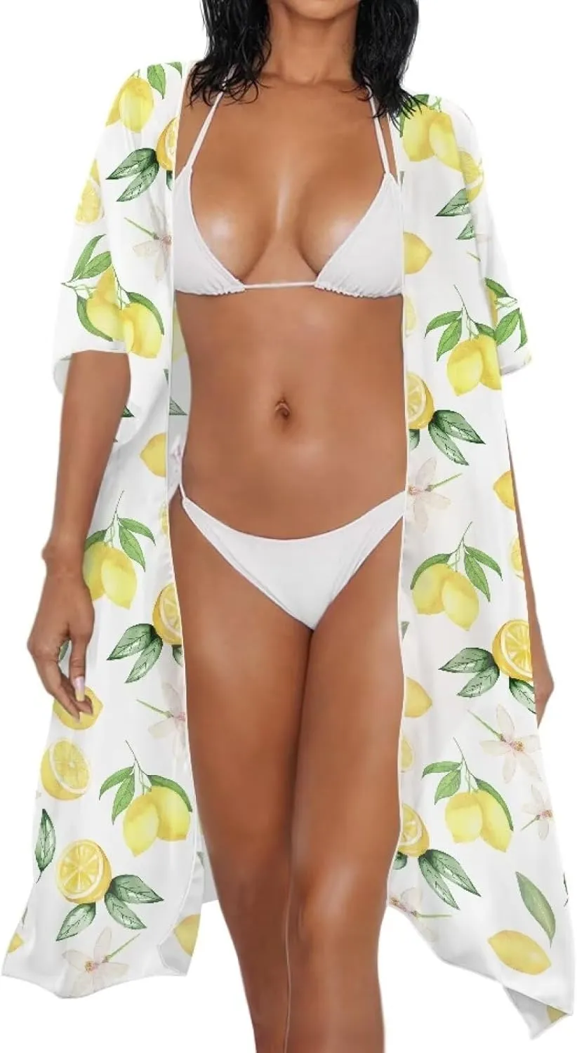 Women's Summer Beach Cover Up Chiffon Long Bikini Swimsuit Coverup Soft Sheer Cardigan Short Sleeve Beachwear