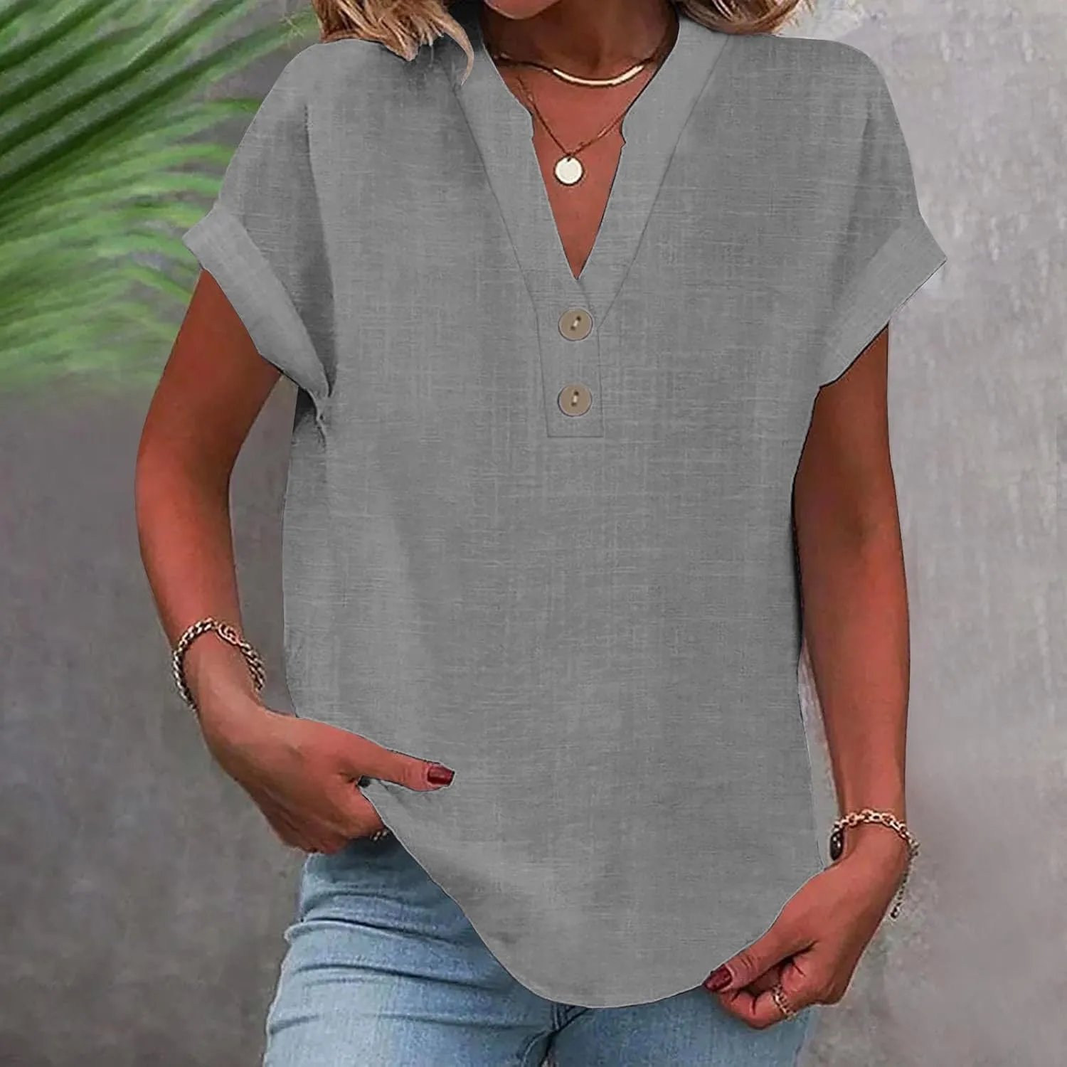Womens Summer Tops Dressy Casual Linen Shirts Button Short Sleeve Blouse Loose Fit V Neck Work Henley Tshirt