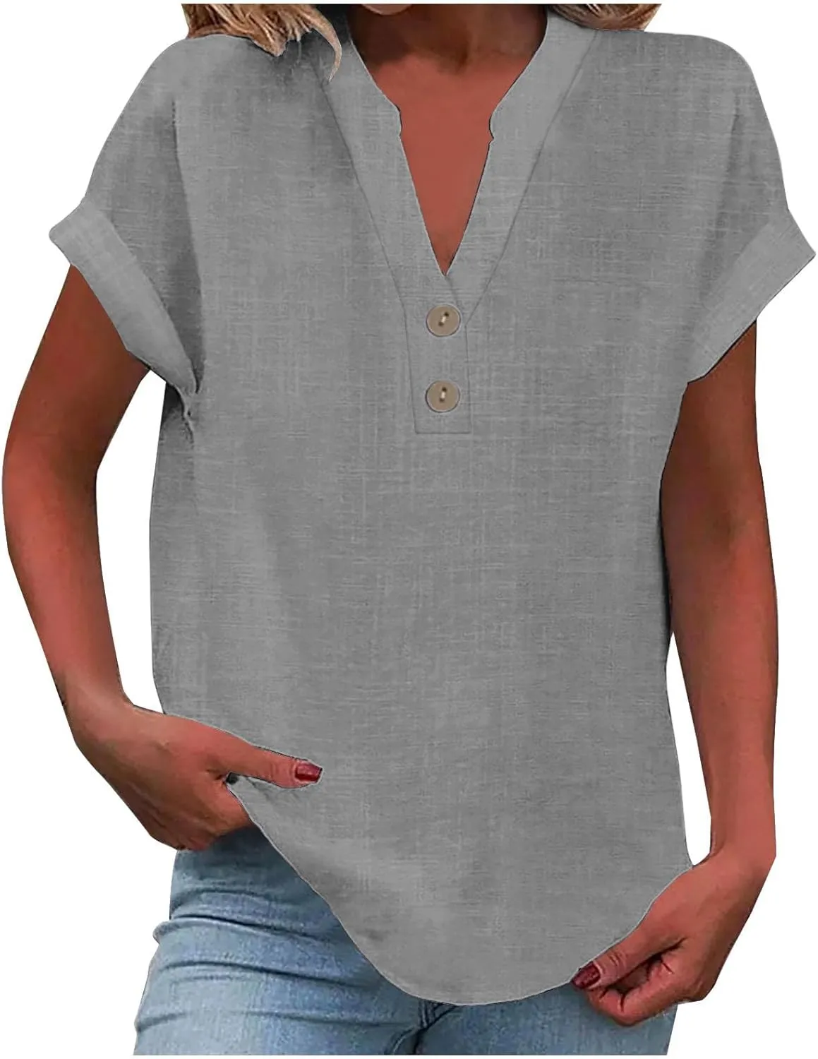 Womens Summer Tops Dressy Casual Linen Shirts Button Short Sleeve Blouse Loose Fit V Neck Work Henley Tshirt