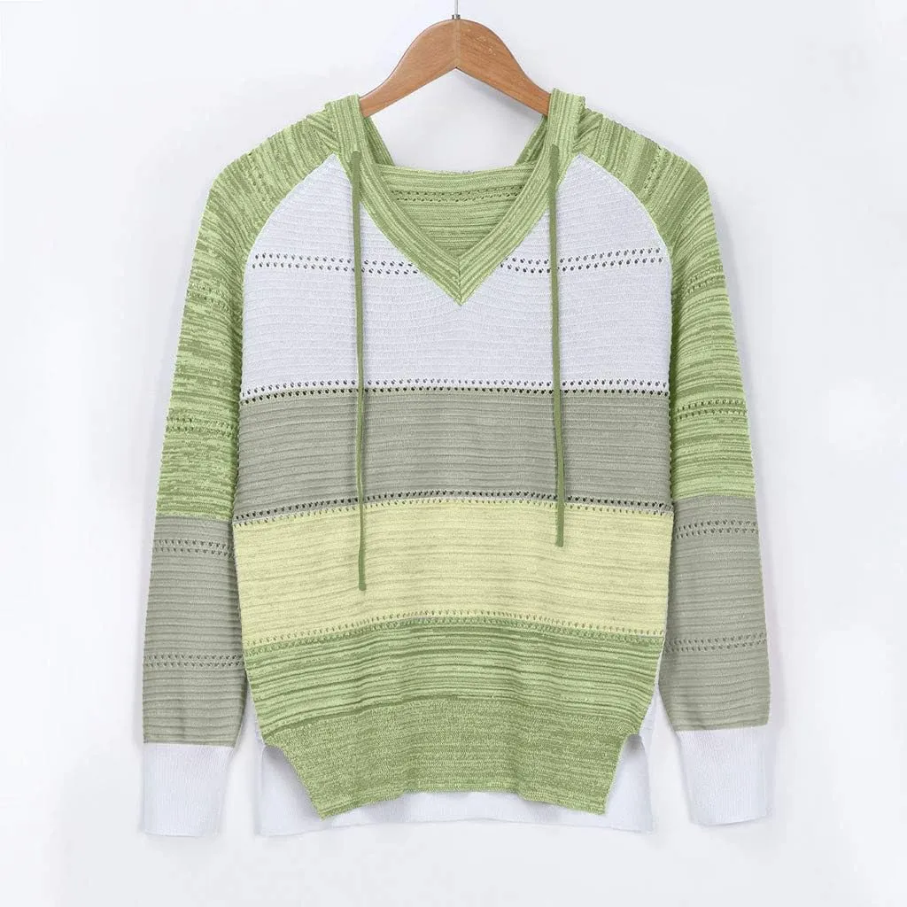Womens Sweaters Sleeves Hooded Patchwork Casual Blouse Tops Fashion Women Long Women's Blouse Dressy Sweater Men