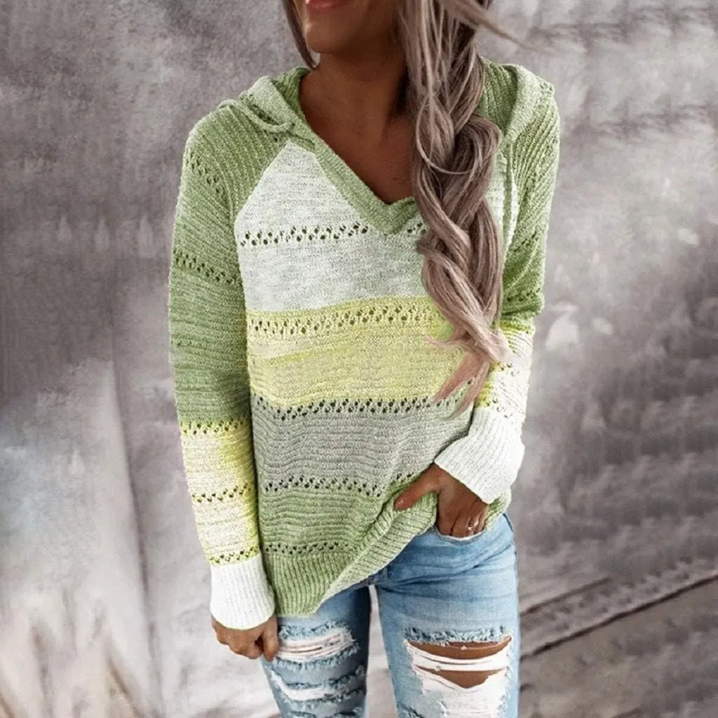 Womens Sweaters Sleeves Hooded Patchwork Casual Blouse Tops Fashion Women Long Women's Blouse Dressy Sweater Men