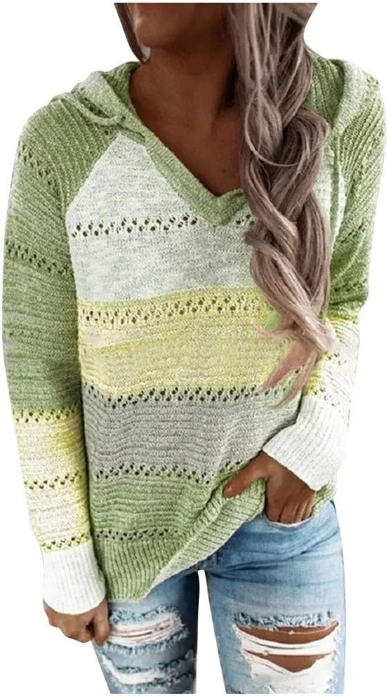 Womens Sweaters Sleeves Hooded Patchwork Casual Blouse Tops Fashion Women Long Women's Blouse Dressy Sweater Men