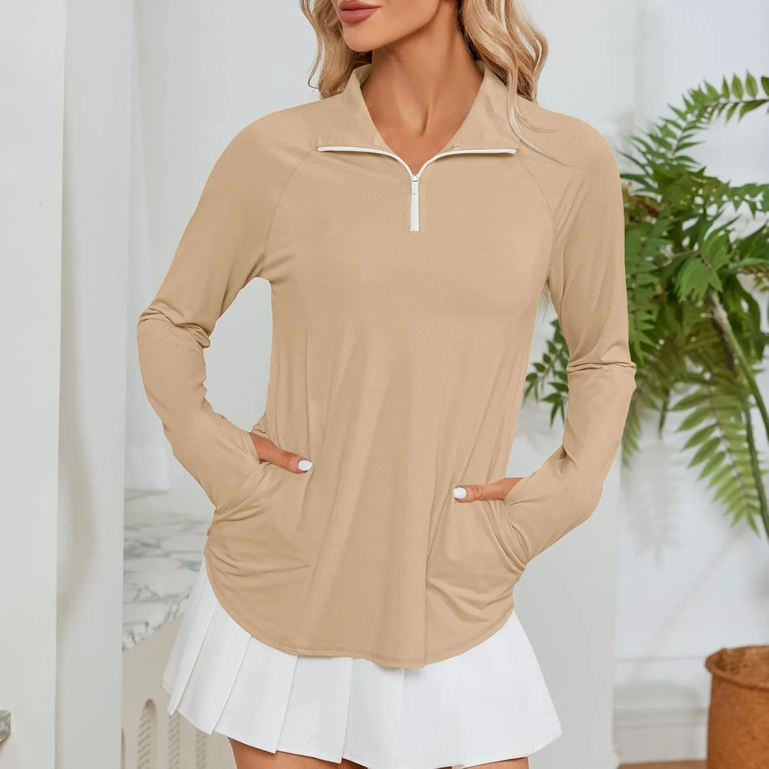Women's UV Sun Protection 1/4 Zip Shirts Long Sleeve Rash Guard T-Shirt Lightweight Quick Dry Workout Running Tops