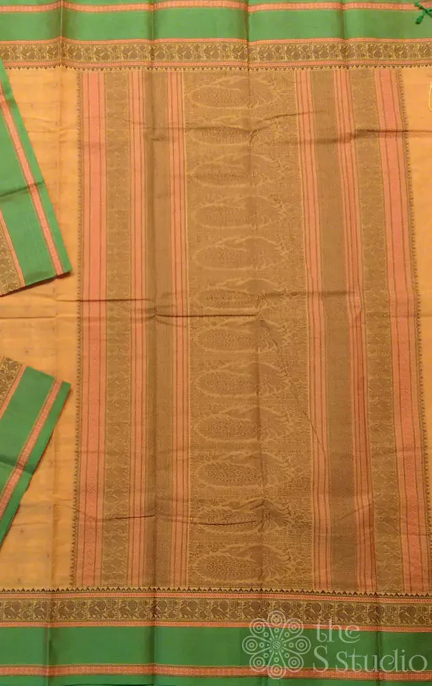 Yellow checked kanchi cotton saree with green border