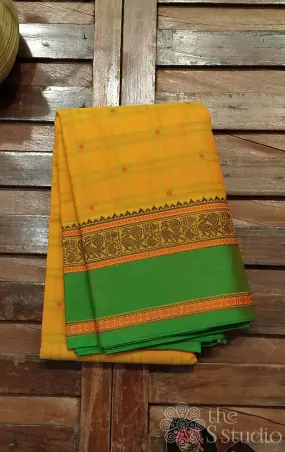 Yellow checked kanchi cotton saree with green border