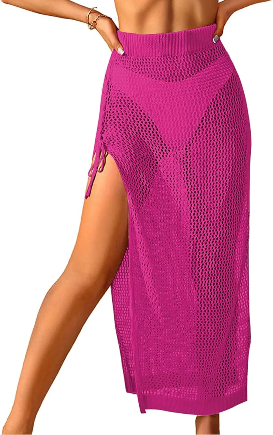 ZAFUL Women's Swimsuit Cover Up Crochet Sheer Knit Side Slit Maxi Beach Skirt Sarong